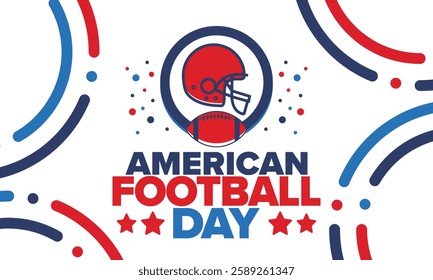 American Football Day. Holiday for American football fans in United States. Game Day. Professional team sport. Championship. Ball and Helmet. Sport poster. Vector illustration