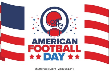 American Football Day. Holiday for American football fans in United States. Game Day. Professional team sport. Championship. Ball and Helmet. Sport poster. Vector illustration