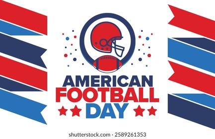 American Football Day. Holiday for American football fans in United States. Game Day. Professional team sport. Championship. Ball and Helmet. Sport poster. Vector illustration