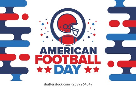 American Football Day. Holiday for American football fans in United States. Game Day. Professional team sport. Championship. Ball and Helmet. Sport poster. Vector illustration