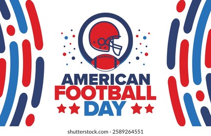 American Football Day. Holiday for American football fans in United States. Game Day. Professional team sport. Championship. Ball and Helmet. Sport poster. Vector illustration