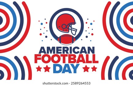 American Football Day. Holiday for American football fans in United States. Game Day. Professional team sport. Championship. Ball and Helmet. Sport poster. Vector illustration