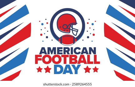 American Football Day. Holiday for American football fans in United States. Game Day. Professional team sport. Championship. Ball and Helmet. Sport poster. Vector illustration