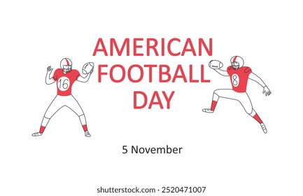 Día del Fútbol Americano, 5 de noviembre Anuncio. Jugadores de fútbol americano con balón de fútbol. Deportes. Texto. Vector doodle lineal dibujado a mano ilustración