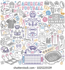 American football doodle set. Sport objects - stadium, field, athletic equipment and pigskin ball. Vector drawing isolated on white background.