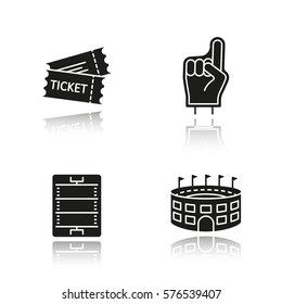 American Football Drop Shadow Black Icons Set. Fans Foam Finger, Game Tickets, Baseball Arena, Field Scheme. Isolated Vector Illustrations