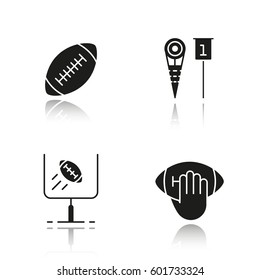 American football drop shadow black icons set. Hand holding rugby ball, goal sign, sideline markers. Isolated vector illustrations