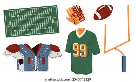 American football elements set. Field goal gate, ball and uniform isolated on white background.