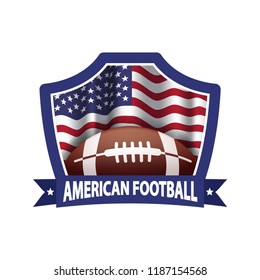 American football emblem with ball and american waving flag. Football logo label
