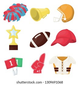 American football equipment championship game sport match vector illustration. Playing fun action ball sport. Soccer team uniform and tools. Professional ball, helmet, award, sports fans, foam finger.