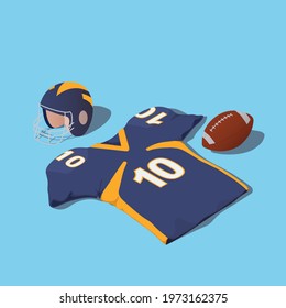 American football equipment icon. Helmet, t-shirt and ball. Vector isometric Illustration.