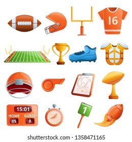 American football equipment icons set. Cartoon set of american football equipment vector icons for web design