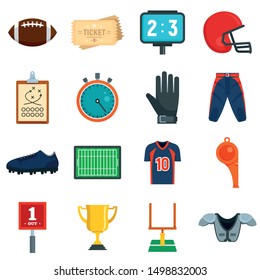 American football equipment icons set. Flat set of american football equipment vector icons for web design