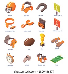 American football equipment icons set. Isometric set of american football equipment vector icons for web design isolated on white background