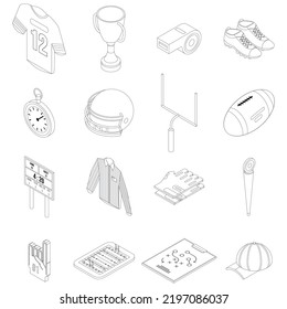 American football equipment icons set. Isometric set of american football equipment vector icons outline thin lne isolated on white