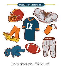 American football equipment list vector illustration in retro style design