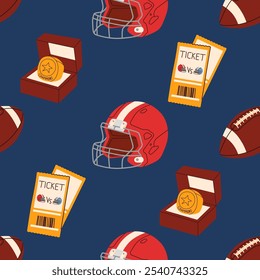 American football equipment on a dark background. Background for fabric, wrapping paper, textile, wallpaper and clothing.