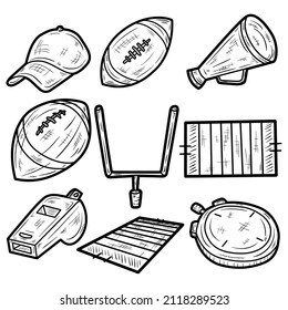 american football equipment outline hand drawn icon set vector logo illustration collection