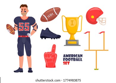 American Football equipment set with american football player in sport uniform holding a ball. Vector cartoon illustration.