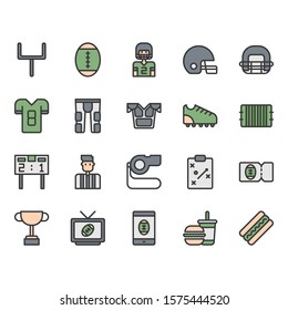 American football equipments and activities icon and symbol set
