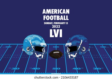 american football event poster with helmets and ball with blue vector background. Poster to promote american football game.