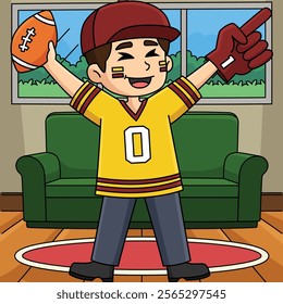 American Football Fan Colored Cartoon Illustration