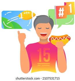 American Football Fan Eating Hotdog Vector Icon. Excited Male Cheering For Favorite Team Watching Championship Tournament Match