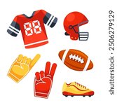 American football fan gear set with a helmet, jersey, foam fingers, and cleats, perfect for representing the sport and showing team spirit