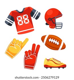 American football fan gear set with a helmet, jersey, foam fingers, and cleats, perfect for representing the sport and showing team spirit