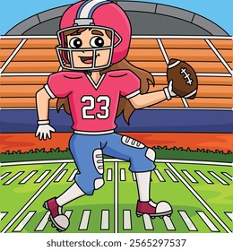 American Football Female Player Colored Cartoon