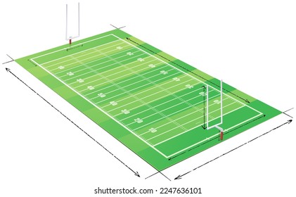 American football field in 3D with its marking and arrows drawn with pencils defining the main dimensions of the field (cut out)