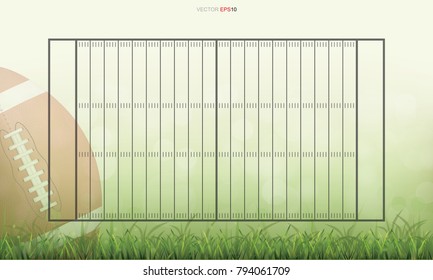 American football field and football ball for background. With green grass and light blurred bokeh background. Vector illustration.