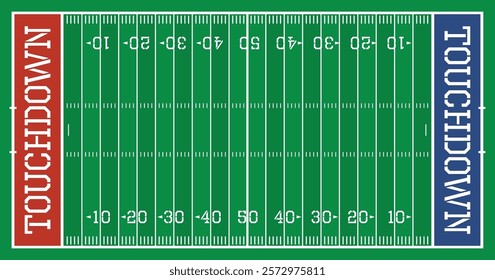 American football field, board with white lines, outlines, numbers, goal posts and blue and red touchdown text. Sport concept. Top view with markings. Vector illustration.