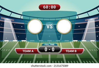 American Football field with bright stadium lights shining on it. Vector EPS 10