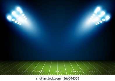 American Football Field With Bright Stadium Lights Shining On It. Vector Design.