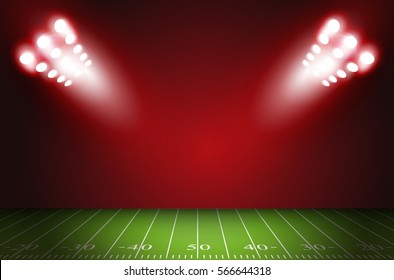 American Football field with bright stadium lights shining on it. Vector design.