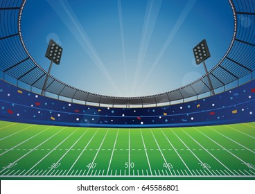 American Football field with bright stadium. vector illustration.