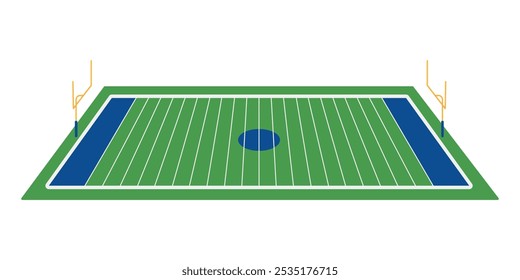 Campo de futebol americano com postes de gol. Estádio de esportes com grama verde ou relva e linhas brancas. Ilustração plana vetorial isolada sobre fundo branco