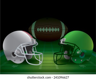 American football field, helmets, and ball. Vector EPS 10. EPS file contains transparencies and gradient mesh.