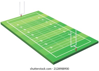 American football field isometric 3D view with its green grass and lines isolated on a white background (cut out)