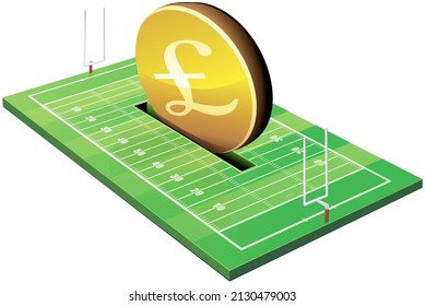 American football field isometric 3D view with its green grass and lines with a slot or a coin with the pound symbol is placed like a piggy bank (cut out)