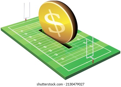 American football field isometric 3D view with its green grass and lines with a slot or a coin with the dollar symbol is placed like a piggy bank (cut out)