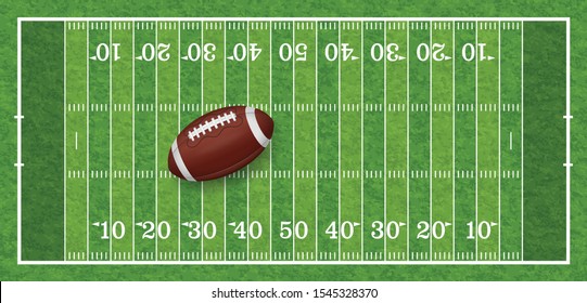 american football field with line, realistic ball and grass texture, top view, vector illustration