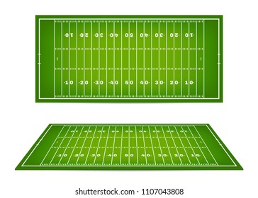 American football field with marking. Football field with markup in top view and 3d perspective view. Vector