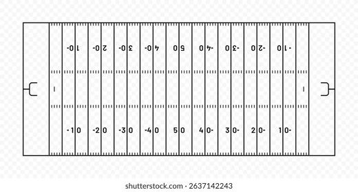 American football field with markings. American football field with yard lines and numbers on a transparent background. American football field in top view. Vector