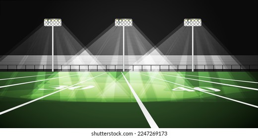 Campo de fútbol americano en escena de fondo nocturno. Ilustración vectorial