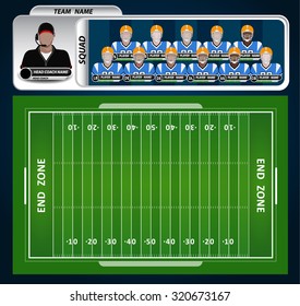 American Football field and Player Lineup with set of infographic elements