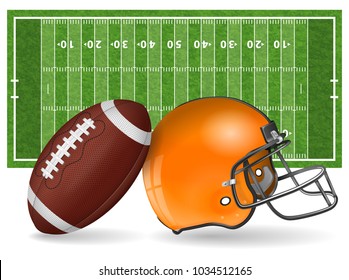 American Football Field with Realistic Ball, Helmet, Line and Grass Texture. Vector illustration