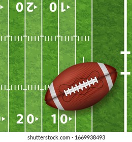 American Football Field with Realistic Ball, Line and Grass Texture. front view american rugby ball. vector illustration