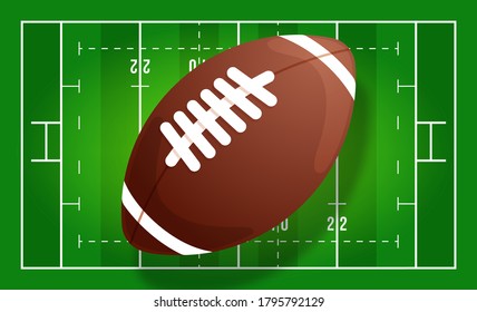 American Football Field with Realistic Ball, Line and Grass Texture. Vector illustration